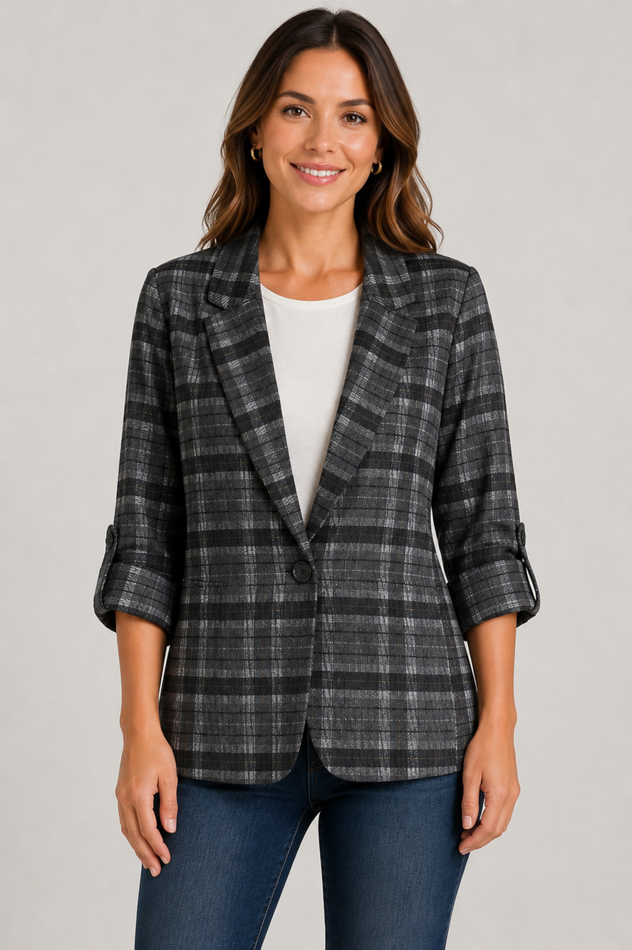 Democracy Women’s M Gray Plaid Blazer Jacket One Button Cotton NWT